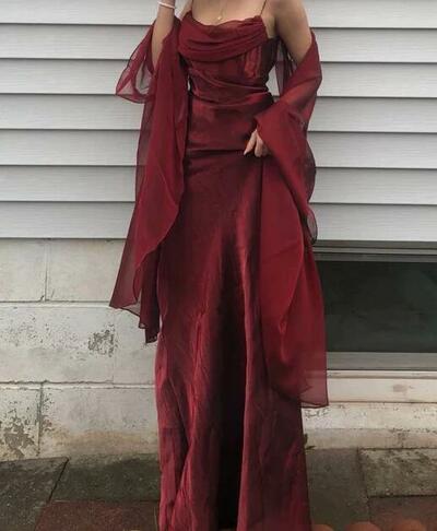 Spaghetti Straps A Line Burgundy Long Prom Dresses