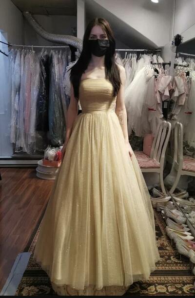 Cute A Line Strapless Tulle Long Prom Gown