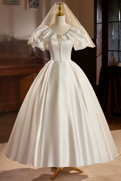 Satin Tea Length Prom Dress with Lace, White A Line Evening Party Dress KPP1712