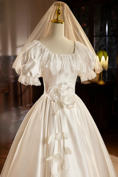 White Satin Tea Length Prom Dress with Lace, ALine Evening Party Dress KPP1713