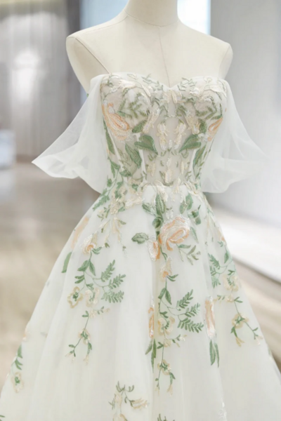 Beautiful Floral Lace Tulle Long Prom Dress, White Off the Shoulder Evening Party Dress KPP1714