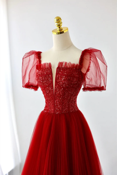 Dark Red Tulle Floor Length Formal Dress, Beautiful A Line Short Sleeve Evening Dress with Beaded KPP1715