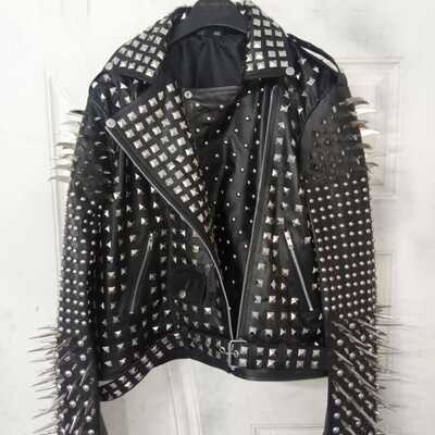 Crafted leather new women's punk full long spiked studded brando black adorable leather jacket - Thumbnail 3