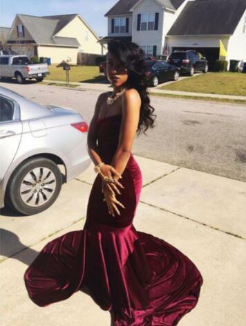 Strapless Mermaid Burgundy Velvet Prom Dresses
