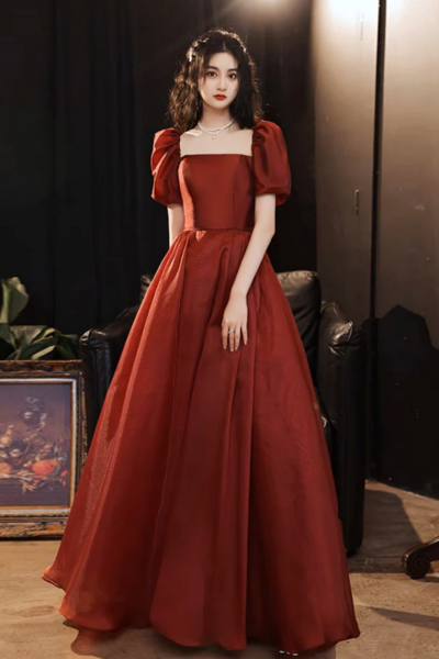 A Line Puff Sleeves Organza Burgundy Long Prom Dress, Burgundy Long Evening Dress KPP1718