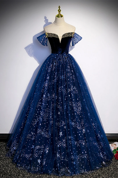 A Line Tulle Off Shoulder Beaded Long Party Dress, Navy Blue Tulle Prom Dress KPP1719