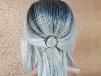 small hair clip for fine hair, small circular copper wire barrette with sodalite beads