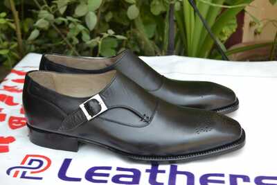 Crafted Leather Black Calf Leather Single Monk Strap Dress Shoes