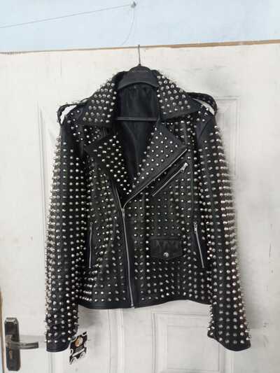 Crafted Leather Men Silver Studded Punk Rock Gothic Black Leather Jacket
