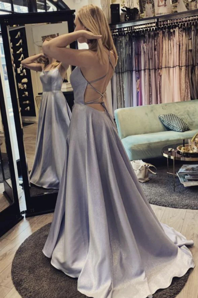 Simple A line stain backless prom dress evening dress