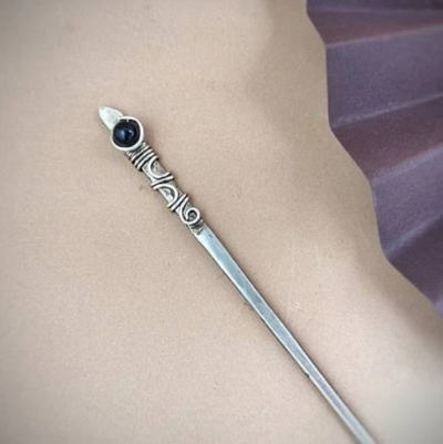 Silver plated hair stick with filigree and black onix bead