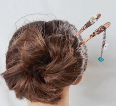 2 Hair Sticks For Bun With Yellow Jade, Korean Fashion Flower Kanzashi For Bun