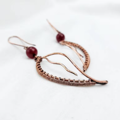Bohemian leaf earrings with red carnelian, Botanical woven wire earrings