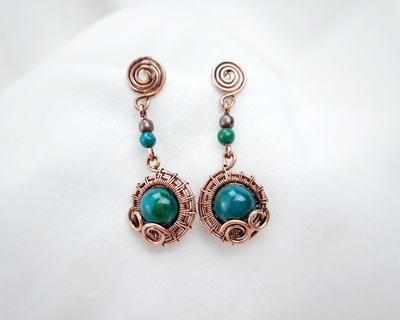 Aged dangle earrings with chrysocolla beads, handmade Art Deco earrings gift for mom