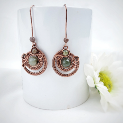 Aztec earrings with indiana agate, copper wire wrap dainty earrings