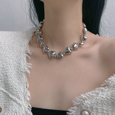 Metal Silver Heart Choker Necklace