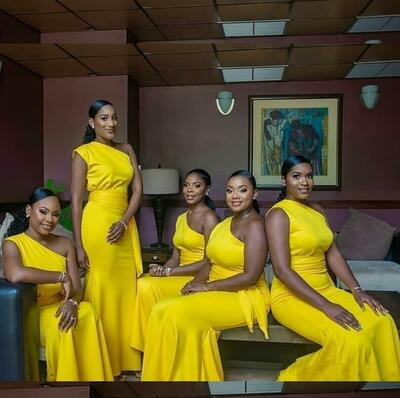 Simple Yellow One Shoulder Mermaid Bridesmaid Dresses Long Formal Wedding Guest Gowns
