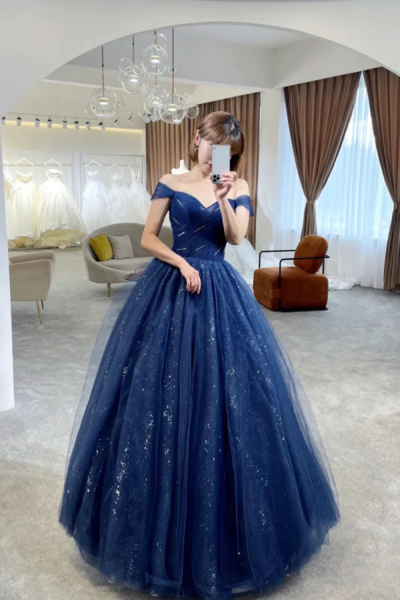 Blue Tulle Long Prom Dress, Off the Shoulder Evening Party Dress KPP1720