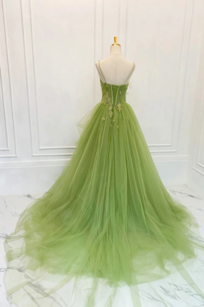 Green Spaghetti Strap Tulle Long Prom Dress, Beautiful A Line Evening Dress KPP1721
