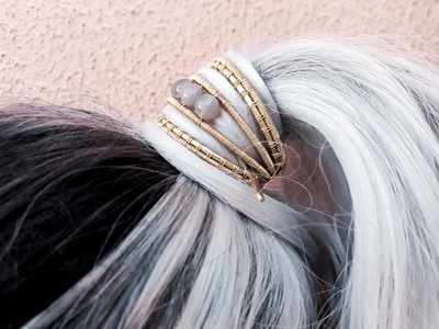 Golden ponytail holder with gray agate beads handmade with wire wrapped brass wire