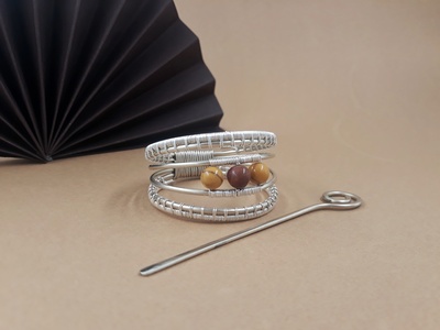 Silver ponytail holder hair cuff with stick and mookaite jasper