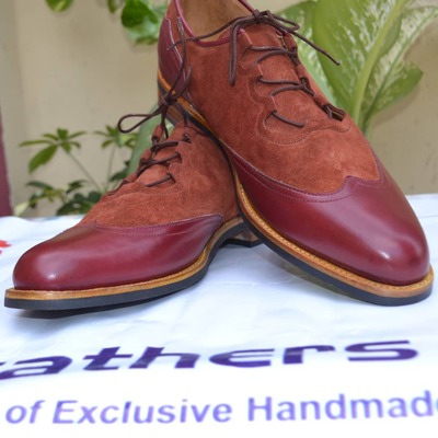 Crafted Leather Handmade Brown Leather and Suede Wingtip Oxford Lace up Dress Shoes