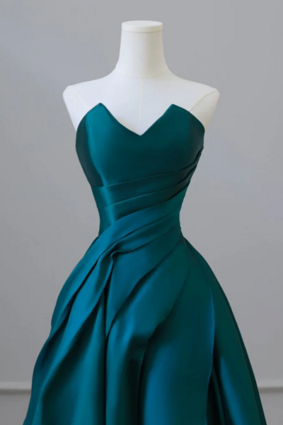 A Line Strapless Satin Peacock Blue Long Prom Dress, Simple Peacock Blue Evening Dress KPP1724