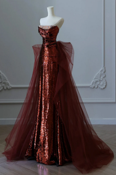 Beautiful Burgundy Sequins And Tulle Long Party Dress, Burgundy Evening Dress Prom Dress KPP1725