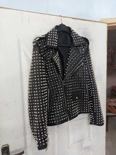 Crafted Leather Men Silver Studded Punk Rock Gothic Black Leather Jacket