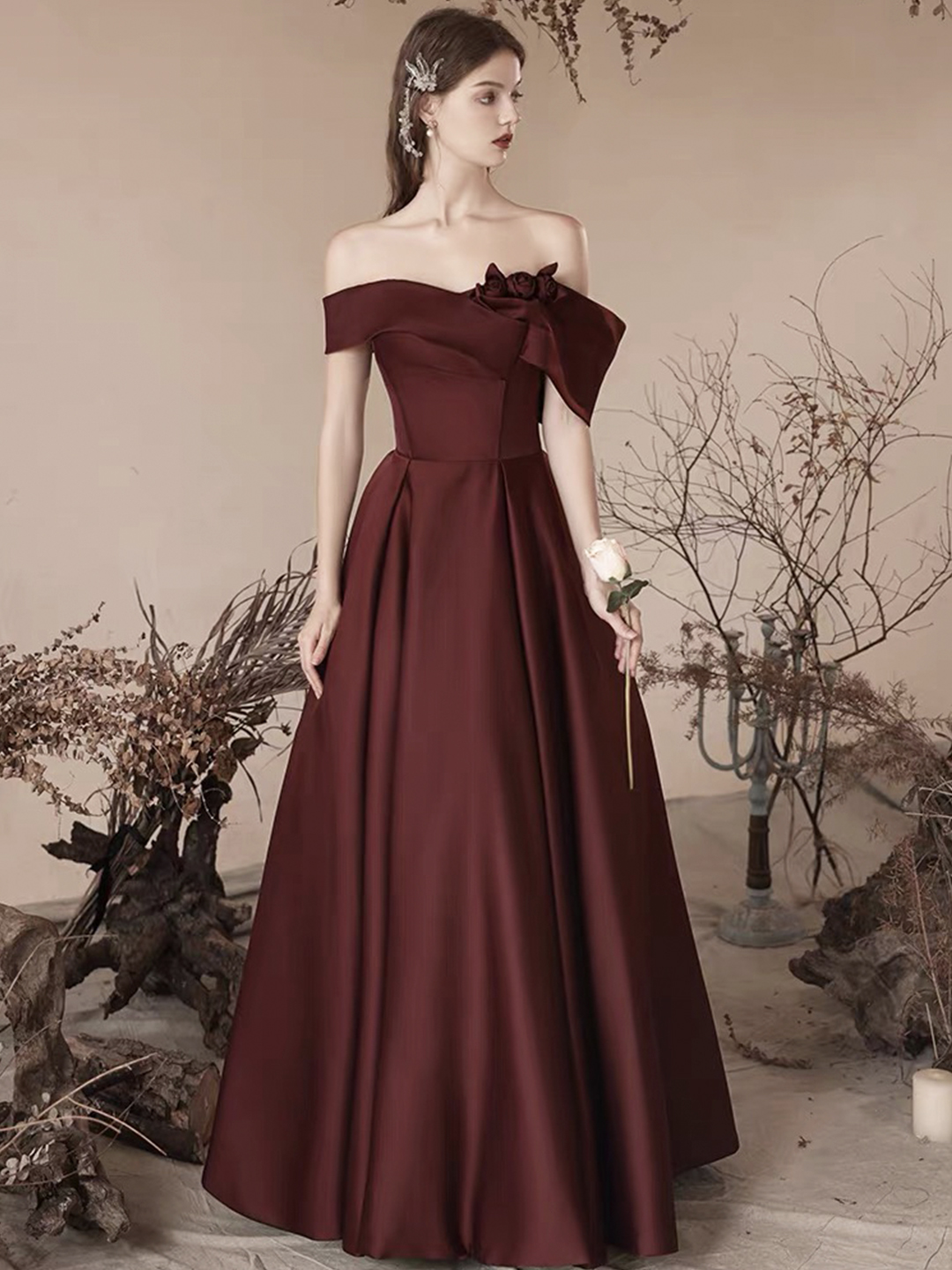 Burgundy Satin Off the Shoulder Floor Length Prom Dress