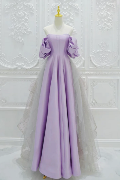 A Line Satin Tulle Purple Long Prom Dress, Tulle Purple Long Formal Dress KPP1726
