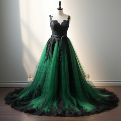 Green and Black Lace Applique Tulle A Line Strapless Full Length Evening Party Formal Occasion Prom Dress Hand Made Custom W2-15.6