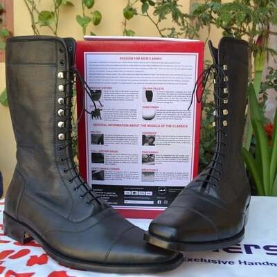 Crafted Leather Military Style Black Men Cowboy Genuine Leather Long Ankle High Lace up Army Boot