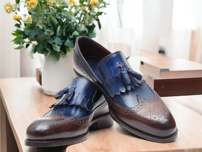 Handmade Men's Two tone Lather Tassle Fringe Loafer Slip on Moccasion Shoes