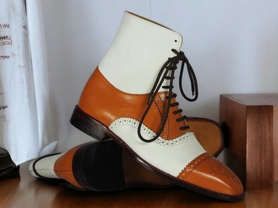 Handpainted Men's Two tone Ankle high Lace up Cap toe Boot