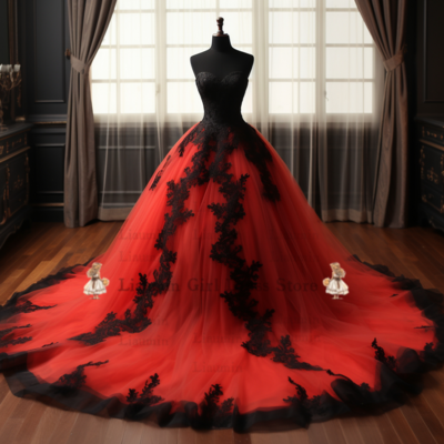 Red and Black Lace Applique Strapless Wedding Dress With Train Robe De Mariage Plus Size Full-Length Bridal Gown Bride Dress W3-2.21