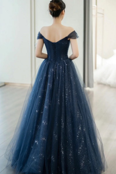 Blue Shiny Tulle Floor Length Prom Dress, Off the Shoulder A Line Evening Party Dress KPP1727