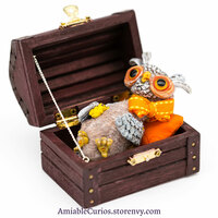 Sleepy Owl, OOAK art doll, fantasy owl artdoll holding miniature teddy bear. Comes with dream box and pillows. - Thumbnail 2