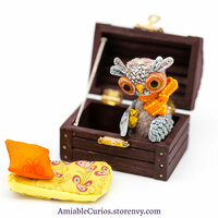 Sleepy Owl, OOAK art doll, fantasy owl artdoll holding miniature teddy bear. Comes with dream box and pillows. - Thumbnail 6