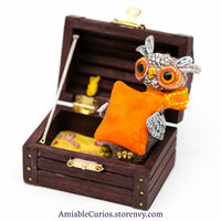 Sleepy Owl, OOAK art doll, fantasy owl artdoll holding miniature teddy bear. Comes with dream box and pillows. - Thumbnail 7
