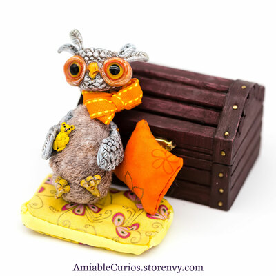 Sleepy Owl, OOAK art doll, fantasy owl artdoll holding miniature teddy bear. Comes with dream box and pillows.