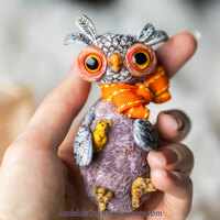 Sleepy Owl, OOAK art doll, fantasy owl artdoll holding miniature teddy bear. Comes with dream box and pillows. - Thumbnail 1