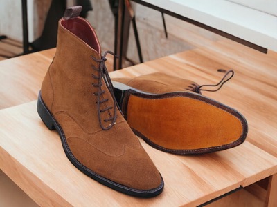 Handmade Men's Brown Suede Laceup Wing tip Dress Boot Wing tip Boot
