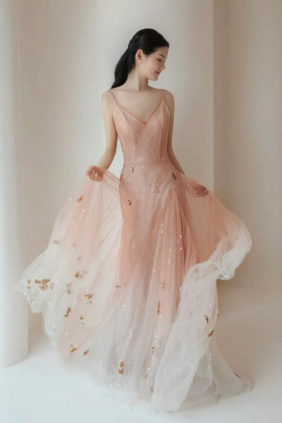 A Line V Neck Tulle Pink Long Prom Dress, Pink Tulle Long Evening Dress KPP1729