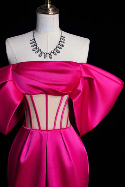 Simple Off Shoulder Satin Mermaid Rose Red Long Prom Dress, Rose Red Evening Dress KPP1731