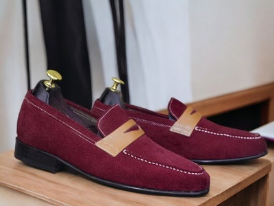 Handmade Men's Suede Burgundy Penny Loafer Shoes