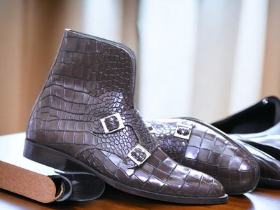 Handpainted Men's Dark Brown Alligator Leather Two Buckle Boot