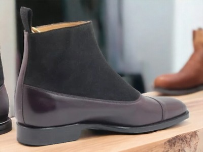 Handmade Men's Leather Suede Two tone Cap toe Ankle Boot