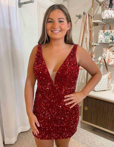 Sexy V-Neck Red Sequins Body-con Short Homecoming Dresses