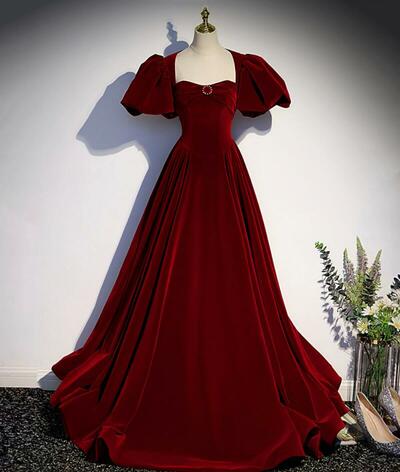 A Line Burgundy Velvet Long Evening Dresses